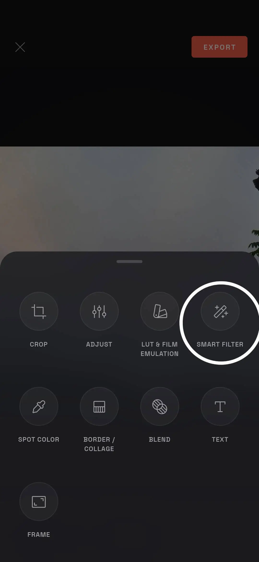Pilih alat Smart Filter di menu editor Modipix
